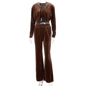 Y2K 3 Piece Velour Tracksuit in Brown
